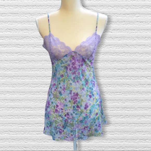 Victoria's Secret Other - Victoria’s Secret Baby Doll Chemise Sleep Dress Lace Purple Floral Print Large